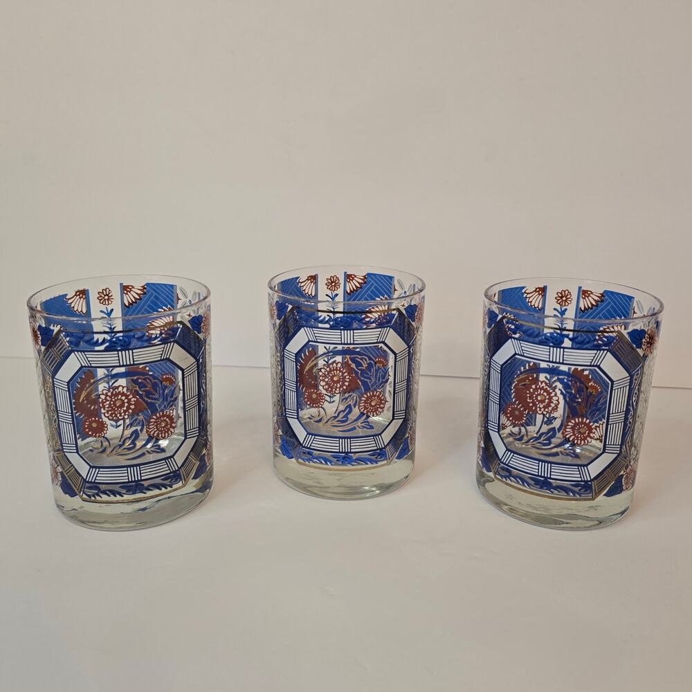 3 Old Fashioned Lowball Rocks Glasses Blue Oriental Imari Pattern Gold Vtg MCM